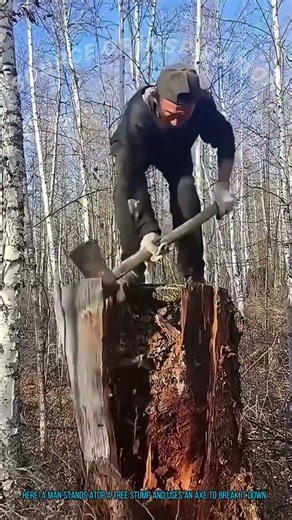 Man Uses Axe to Break Down Tree Stump | Extreme Woodcutting Skill