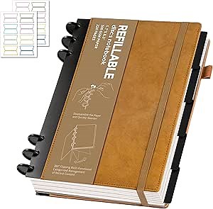 Yoment Refillable Notebooks for Work Discbound: Hardcover Notebook with 5 Subject Removable Dividers Tabs Colleged Ruled Small Journal for Writing Women Men 224 Pages,Brown