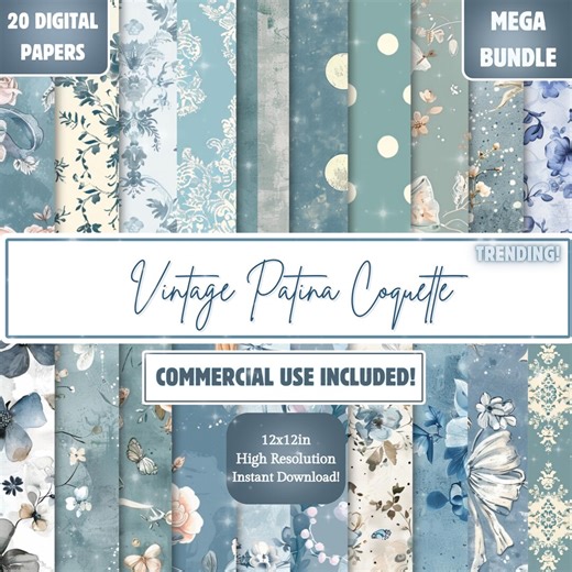 Vintage Patina Blue Digital Paper Bundle – Coquette Floral & Polka Dot Seamless Patterns, 12x12 Scrapbook Paper, Commercial Use - Etsy