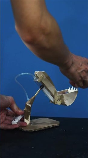 Mécanisme de mouvement du godet d’excavatrice avec des bâtonnets de glace et des seringues médicales