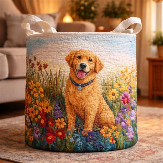Customized Dog Storage Quilted Laundry Basket – Golden Retriever Fabric Bin With Floral Design for Cozy Homes - Etsy