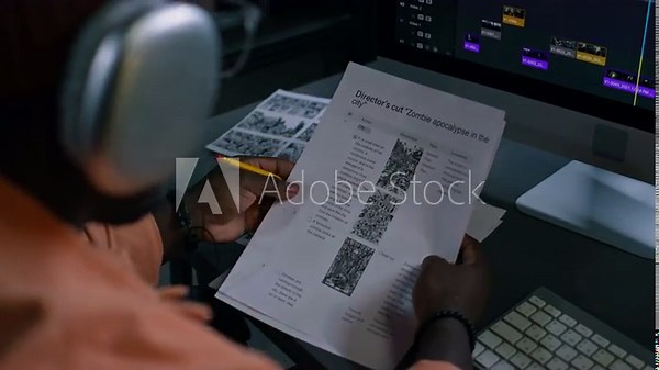 Over-shoulder of African American male video editor working on sequence of movie shots in professional software, then picking up and consulting directors cut script for frame order