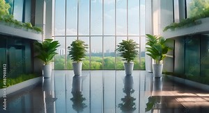 Spacious atrium featuring large windows, reflective floors, and lush potted plants, creating a serene and modern indoor environment.