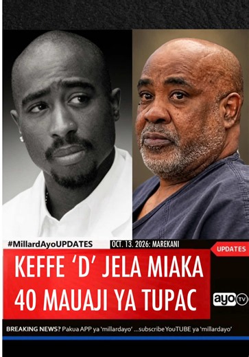 Aliyekuwa Kiongozi wa Kundi la kihalifu la South Side Compton Crips Nchini Marekani, 63, Duane “Keffe D” Davis, amehukumiwa kifungo cha miaka 40 hadi maisha jela baada ya kupatikana na hatia ya kuhusika katika kupanga mauaji ya Rapa maarufu duniani, Tupac Shakur, yaliyotokea mwaka 1996 Jijini Las Vegas. Hukumu hiyo imetolewa Oktoba 13, 2026, katika Mahakama ya Las Vegas, Marekani, na Jaji Carli Kierny baada ya Davis kutiwa hatiani mwezi Agosti kwa kosa la mauaji ya kukusudia kwa kutumia silaha h