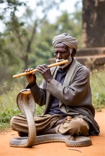 an old man playing the flute and a dancing snake