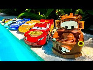 Disney Pixar Cars falling into deep pool, Lightning McQueen, Tow Mater, Mack, Sally, Francesco