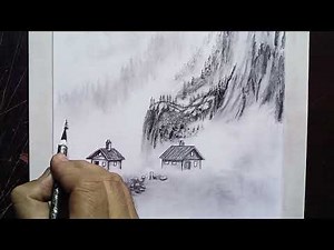 Misty Drawing Forest and Mountain Scenery with a Cozy Cabin | Step-by-Step Pencil Drawing