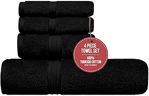 Luxury Bathroom Towels Set of 4 - Quick Dry & Absorbent 100% Cotton, Hotel Quality and Fluffy - Includes 1 Bath Towel (28" x 56"), 1 Hand Towel (16"x28") and 2 Washcloths (12"x12") - Black