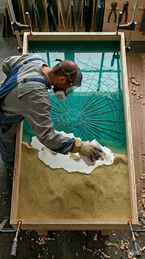 THIS TABLE HAS A REAL BEACH INSIDE 😱 Ocean Epoxy Resin Table Transformation 🌊 #epoxy #satisfying
