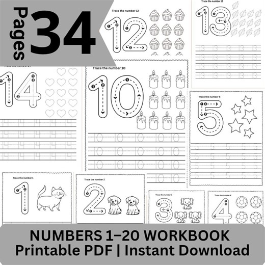 Numbers 1-20 Tracing Workbook for Kids | Printable PDF | Counting, Matching & Writing | Preschool Homeschool Worksheet - Etsy