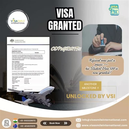 From refusal to approval — another Subclass 500 success story at VSI! Every journey has challenges — and for this student, a previous visa refusal felt like a major one. But with the right guidance, the right file preparation, and a strong strategy, the outcome changed completely. Today, we’re happy to share that their Student Visa Subclass 500 is officially granted! 🎉🇦🇺 At VSI, we don’t just lodge applications — we rebuild confidence, correct past mistakes, and take every case seriously. 👉 