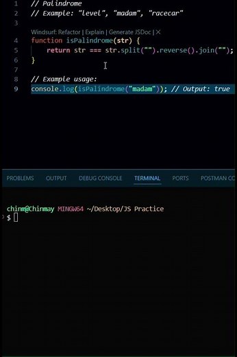 Palindrome Check in JavaScript Explained | #javascript #shorts #coding #programming