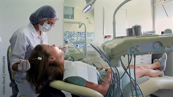 Dentist performing a dental procedure on a patient, using various tools in a well-equipped, clean, and bright dental clinic