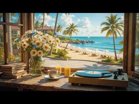 Tropical Beach Window Cafe Ambience with Happy Bossa Nova Jazz & Ocean Waves for Relax, Chill