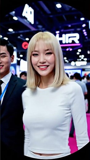 Futuristic Blonde Female Robot 2025 – Metallic Pink Suit & Silver Mechanics in Convention Hall #ai