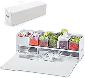 Amazon.com: Prepdeck Gen 2 Recipe Prep & Storage Station - 8 Essential Tools + Deluxe Cutting Board, 14 Plastic Containers + Super-Seal Lids, Removable Trash Compartments, Tablet Stand Included - White Stone: Home & Kitchen