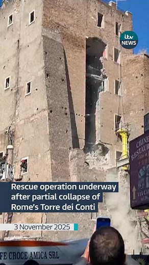 A medieval tower (Torre dei Conti) in the heart of Italy’s capital, near the famous Roman Forum ruins, partially collapsed on Monday during renovations of the structure, critically injuring one worker and trapping another, authorities said. #itvnews #rome | ITV News