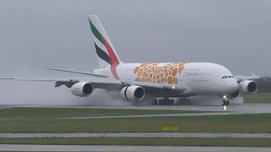 9.2K views · 684 reactions | Check this clip from Friday's live show.. A380 meets soaking wet runway! Has to be up there with the best sprays we've seen on the channel. Also a stunning view of the Emirates A380 "Opportunity" special livery. | Airliners Live | Facebook