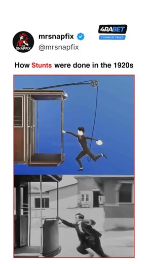 Mr Snapfix on Instagram: "This video provides a fascinating look into the mechanical ingenuity of 1920s cinema, demonstrating how spectacular stunts were performed before the invention of CGI. It reveals a clear comparison between the behind-the-scenes reality and the final on-screen "magic". Safety Engineering: The top frame shows a pulley and wire system used to suspend the actor, allowing him to mimic dangerous movements while remaining safely supported. Visual Illusion: The bottom frame disp