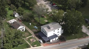 VOLANT, PA - Circa September, 2018 - An orbiting aerial establishing shot around a Volant barn gift shop in the mountains of western Pennsylvania, about 45 miles north of Pittsburgh.