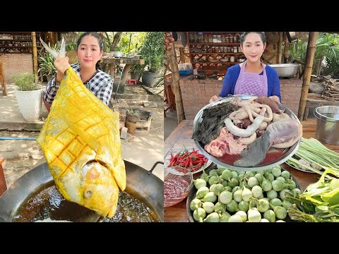 Sros cooking skill: Cow intestine soup, Crispy fish, Fry egg, Mommy chef amazing cooking