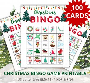Printable Christmas Bingo Game, 100 Bingo Cards, Classroom Game, Family Game