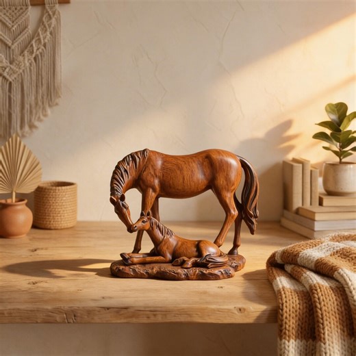 Horse and Foal Statue Wooden Look Decor, Vintage Horse Figurine, Equestrian Home Decor, Rustic Farmhouse Sculpture - Etsy