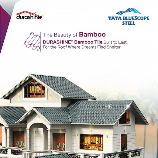 The beauty of bamboo, now built to last. Durashine® Bamboo Tile Roofs for the roofs where dreams find shelter. ☑️3X Stronger ☑️4X More Durable ☑️Up to 5°C Cooler Interiors ☑️Leak-Proof ☑️Aesthetic Look Durashine® Bamboo Tile Roofs provide the perfect blend of strength and style, delivering a roof that looks great and lasts long. #TataBlueScopeSteel #ShelterForAll #WhereDreamsFindShelter #ShineWithDurashine #BambooRoofs #StrongAndStylish #CoolerRoofs #DurableDesign #RoofingSolutions #LeakProofRoo
