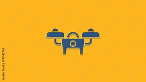 Blue Drone flying icon isolated on orange background. Quadrocopter with video and photo camera symbol. 4K Video motion graphic animation