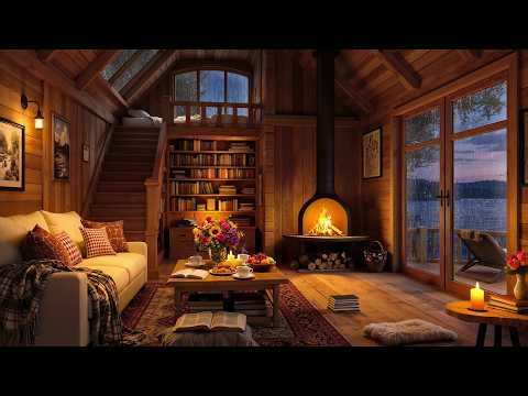 Relaxing Jazz Music & Fireplace Sounds with Rain on Window - Cozy Cabin Vibes for Calm Mood
