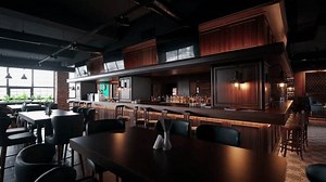2022-01-18 - Famagusta, Northern Cyprus. Novel Centre Point Empty pub interior with wooden bar, stools, tables. Modern tavern design, cozy daylight ambiance, no patrons present.