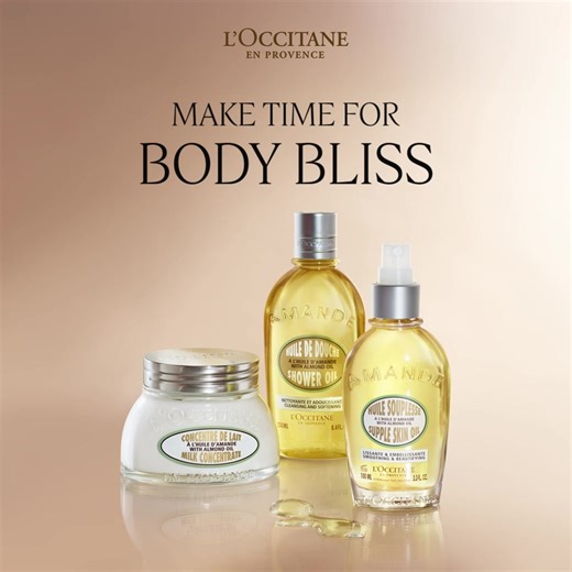 [ALMOND BODY BLISS] Make time for body bliss with the ultimate Almond body care ritual —where luxury meets results! ✨ 💛 CLEANSE with Almond Shower Oil 💛 MOISTURIZE with Almond Milk Concentrate 💛 FIRM with Almond Supple Skin Oil Your skin deserves the best. Indulge in Almond goodness for soft, supple and silky-smooth skin today! Shop now: https://my.loccitane.com/pages/about-almond-collection | L'OCCITANE en Provence