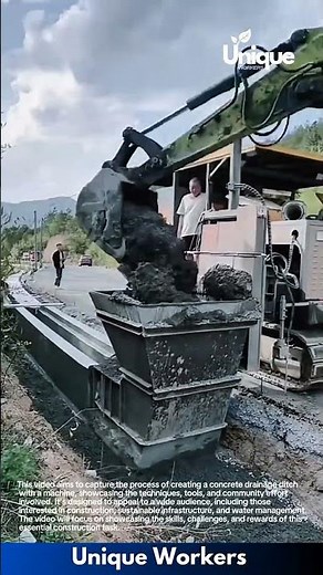 Concrete ditch creation: machine forming a drainage ditch