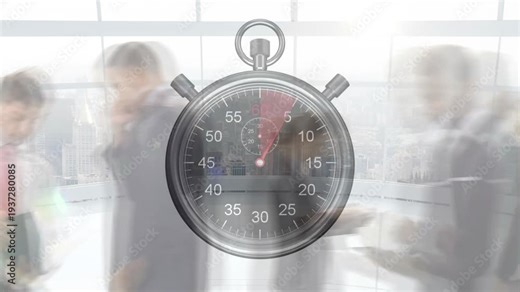 Red second hand advancing stopwatch overlay marking time while office staff walking using tablets