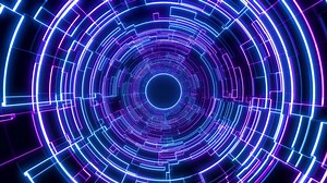 Digital futuristic tunnel or travel through time and space at high speed, moving bright neon lines. High tech corridor, warp speed, wormhole