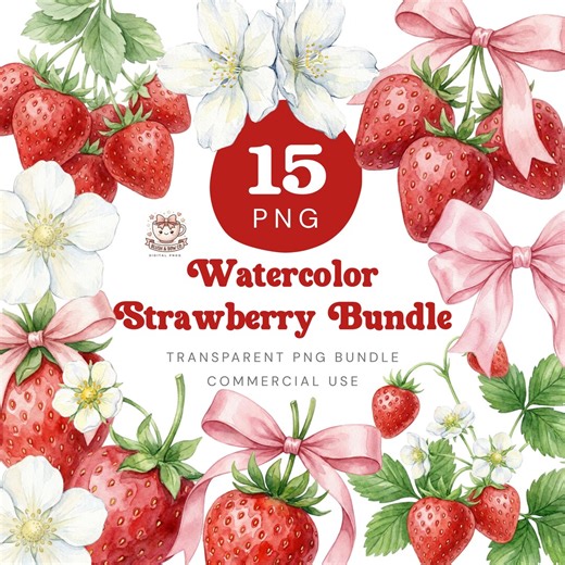 Strawberry Pink Coquette Bow PNG Bundle, Watercolor Red Berry Png, Pink Ribbon Clipart, Digital Download - Etsy