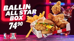 Trust us, you wanna be ballin' with us! Get the All Star Box with 1 Crunch Burger, 1 piece Original Recipe chicken, 2 Zinger Wings, small chips and a Coke for P74.90! | KFC Botswana