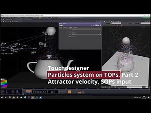 Touchdesigner - Particles system on TOPs. Part 2. Attractor velocity, SOP input and colors.