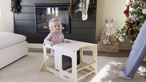 labebe Toddler Standing Tower for 12M+, Montessori Foldable Learning Standing Tower with Blackboard, Anti-tip Structure Design,Wooden Kitchen Step Helper Stool for 1-3 Year Old Boy Girl Gift