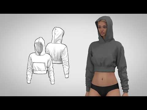 Women's Crop Hoodie Pattern Making | CLO3D Garment Simulation (2D to 3D)