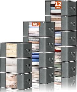 MapleGrace 12 Pack Blanket Storage Bags with Zipper, Foldable Packing Bags, Closet Organizers and Storage for Clothing, Sheet, Comforter, Bedding,60L, Grey