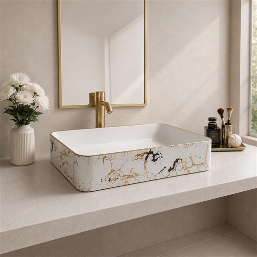 Luxury Rectangular Vessel Sink | White Ceramic Gold Vein Basin | Above Counter Bathroom Sink | Elegant Vanity Bowl - Etsy
