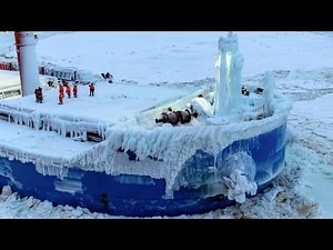 Large Frozen Icebreaker Ships Crash Ice! Powerful Winter Cyclone!