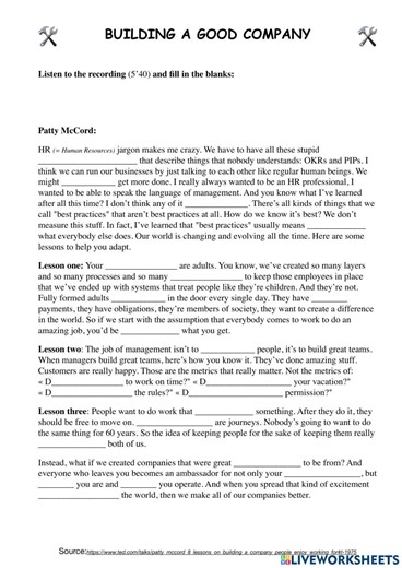 Building a good company worksheet