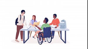 Animated studying friends characters. Group of classmates. Full body flat people HD video footage with alpha channel. Color cartoon style illustration on transparent background for animation