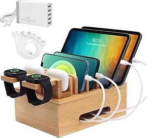 Bamboo Charging Station for Multiple Devices, Multi-Port USB Charger Organizer Stand for Phone, Earphone, Smart Watch, Desktop Cord Storage Holder for Home Office