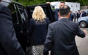 2.2M views · 18K reactions | Traveling with President Biden in the UK, Jill Biden wore a jacket on Thursday with the word “LOVE” on the back, an echo of Melania Trump’s “I really don’t care, do u?” jacket that she wore in 2018 to visit children separated from their parents at the southern U.S. border. https://nyti.ms/3gFdfnl | The New York Times | Facebook
