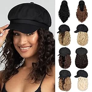 Newsboy Cap with Hair Extensions Short Curly Wavy Bob Hairstyle Wig Hat Beret 8 Panel Attached 14" Synthetic Hairpiece for Women Natural Black