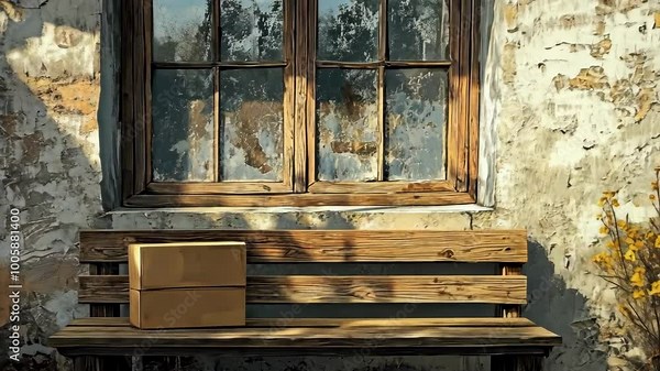 Two cardboard boxes sit on a wooden bench beneath a window