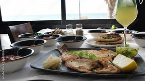 Table setting at a beach seafood restaurant.
